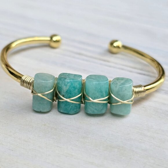 Amazonite Wire Wrap Cuff – 14Kt Gold Over Copper – Tranquility Talisman Handmade - Picture 4 of 11